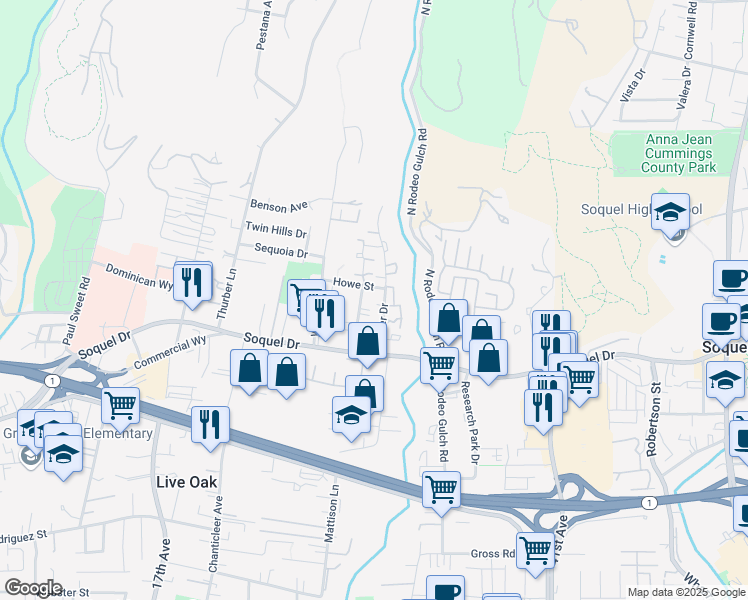 map of restaurants, bars, coffee shops, grocery stores, and more near 2652 Howe Street in Santa Cruz