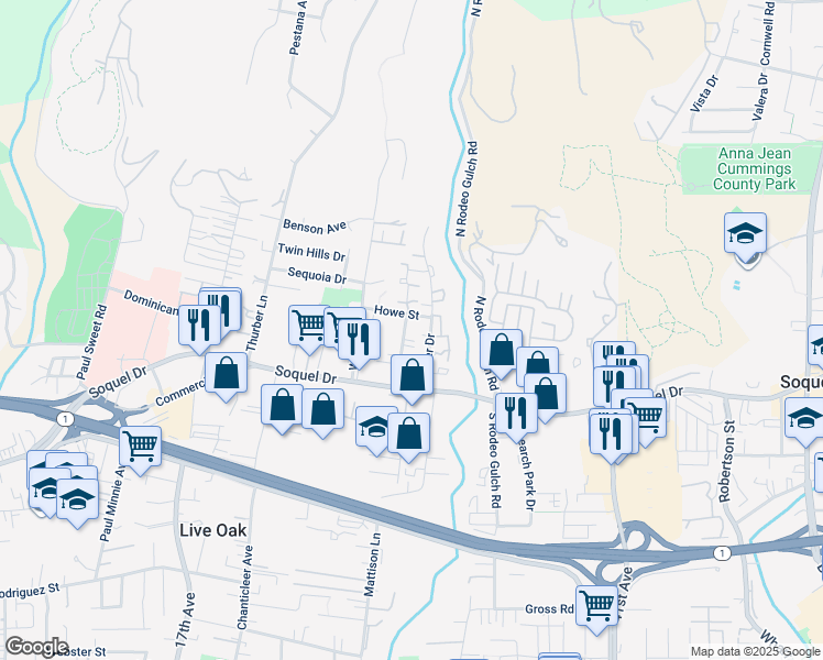 map of restaurants, bars, coffee shops, grocery stores, and more near 2652 Howe Street in Santa Cruz