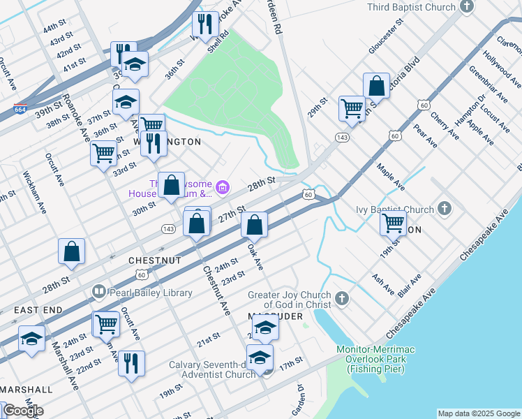 map of restaurants, bars, coffee shops, grocery stores, and more near 1343 26th Street in Newport News