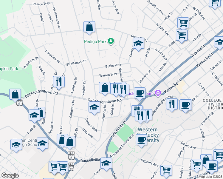 map of restaurants, bars, coffee shops, grocery stores, and more near 319 Gayle Way in Bowling Green