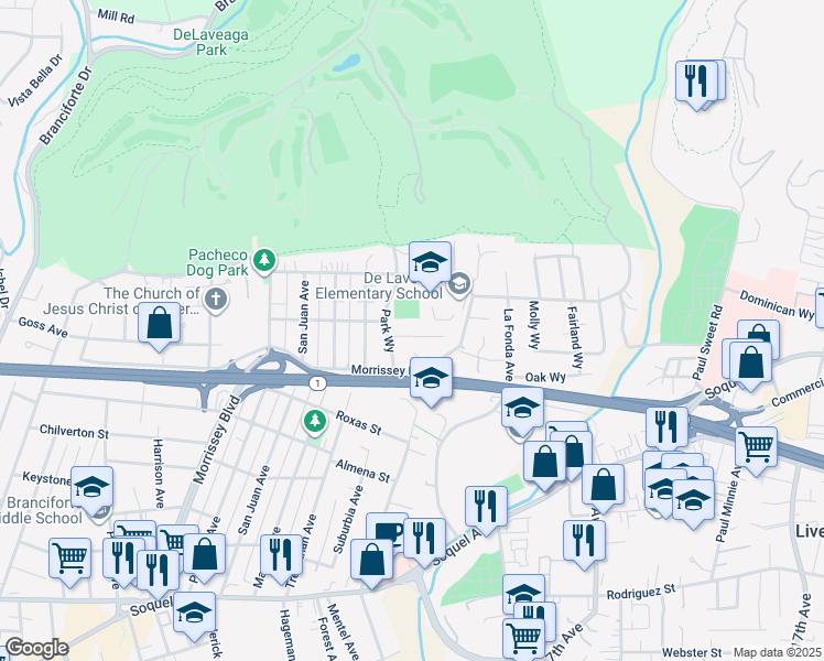 map of restaurants, bars, coffee shops, grocery stores, and more near 117 Wanda Court in Santa Cruz