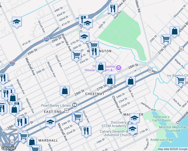 map of restaurants, bars, coffee shops, grocery stores, and more near 1129 30th Street in Newport News