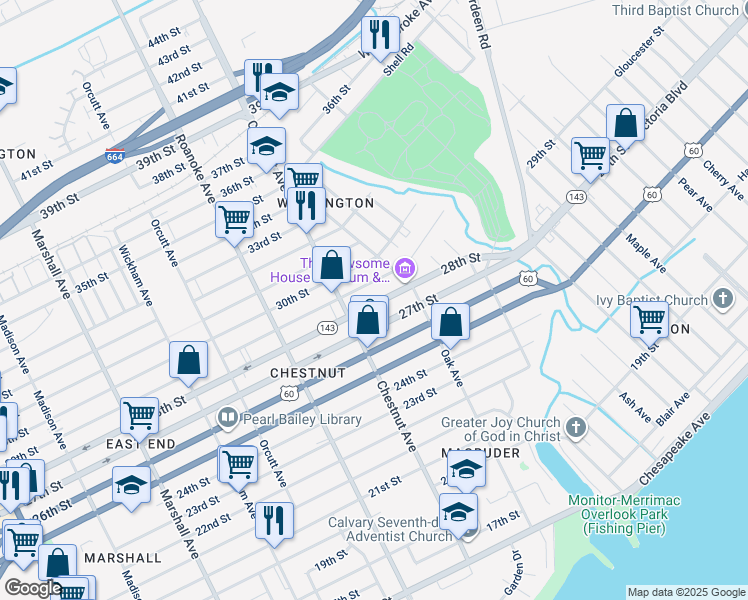 map of restaurants, bars, coffee shops, grocery stores, and more near 1243 28th Street in Newport News