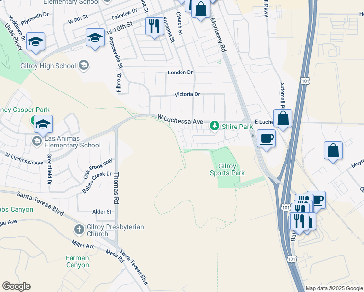 map of restaurants, bars, coffee shops, grocery stores, and more near 105 Palomino Place in Gilroy