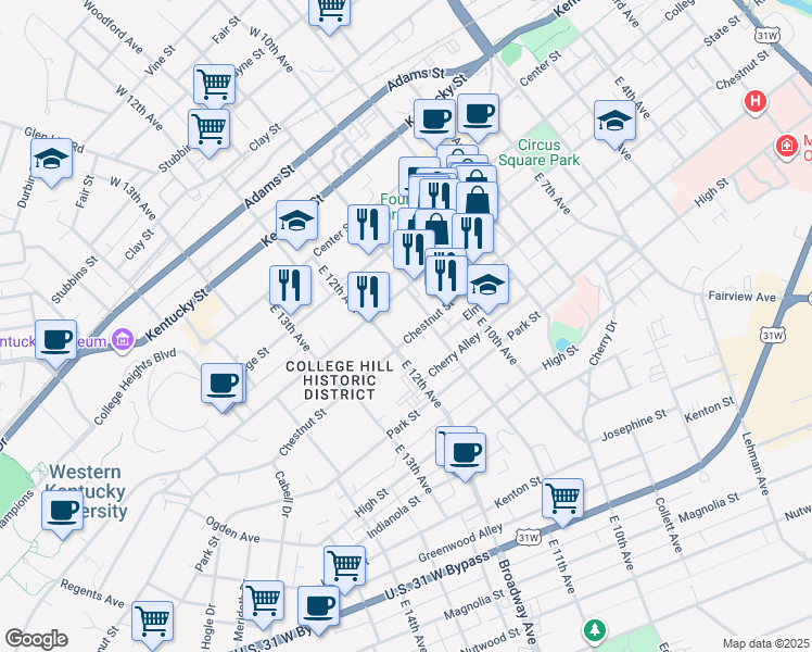 map of restaurants, bars, coffee shops, grocery stores, and more near 1123 Chestnut Street in Bowling Green