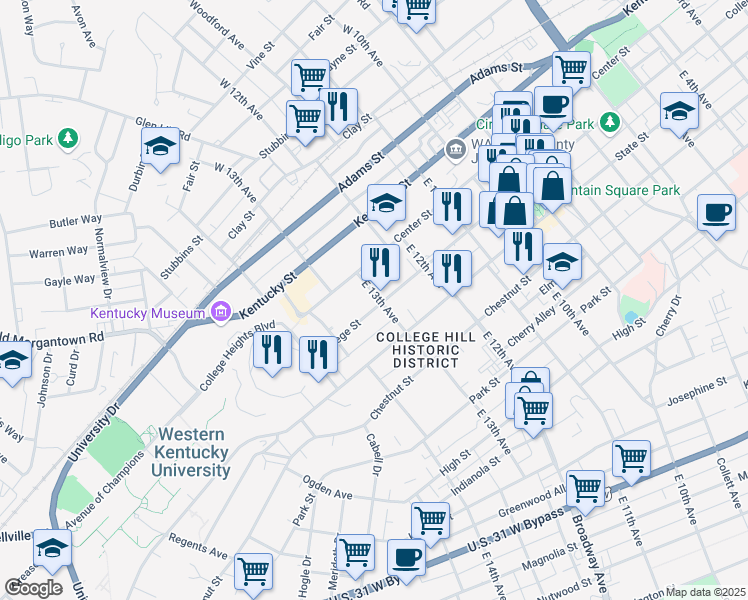 map of restaurants, bars, coffee shops, grocery stores, and more near 1303 College Street in Bowling Green