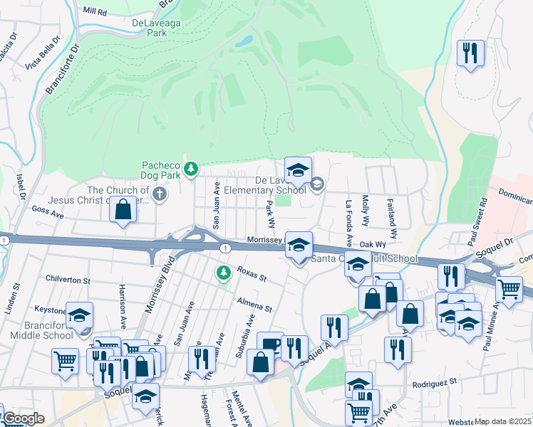 map of restaurants, bars, coffee shops, grocery stores, and more near 631 Park Way in Santa Cruz
