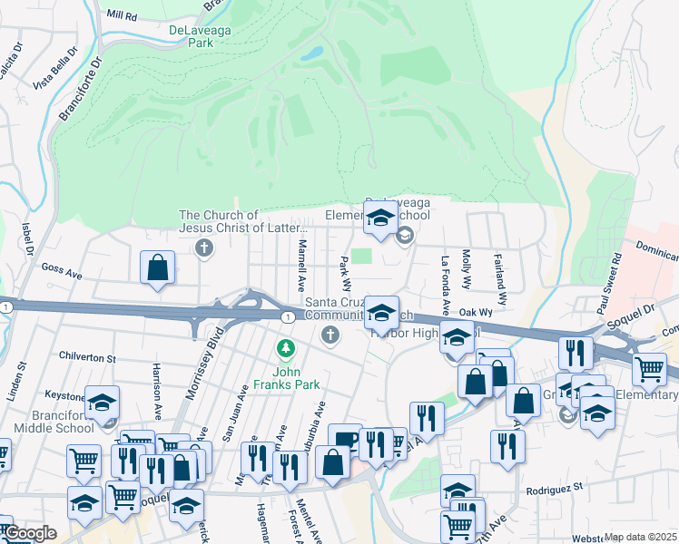 map of restaurants, bars, coffee shops, grocery stores, and more near 631 Park Way in Santa Cruz