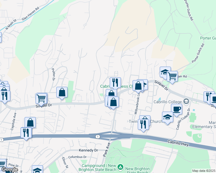 map of restaurants, bars, coffee shops, grocery stores, and more near 112 Melba Court in Soquel
