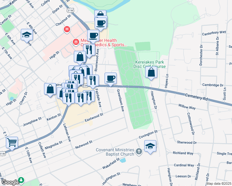 map of restaurants, bars, coffee shops, grocery stores, and more near 601 Greenlawn Avenue in Bowling Green