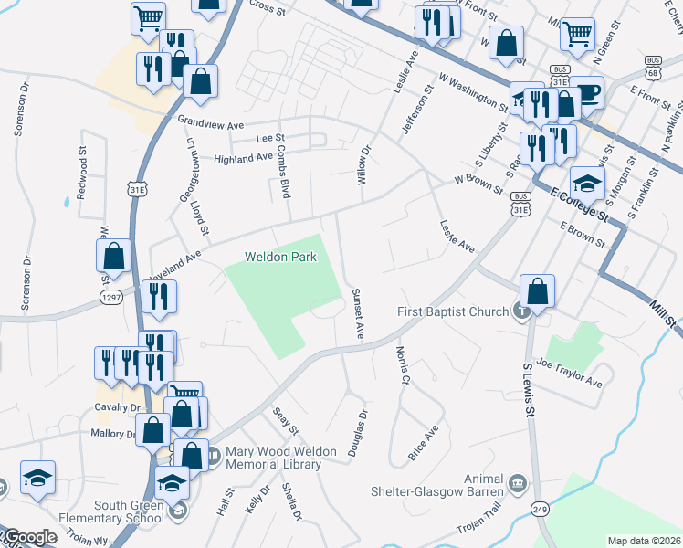 map of restaurants, bars, coffee shops, grocery stores, and more near 204 Sunset Avenue in Glasgow