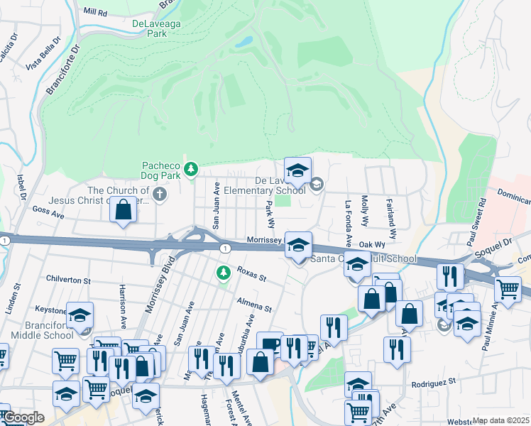 map of restaurants, bars, coffee shops, grocery stores, and more near 631 Park Way in Santa Cruz