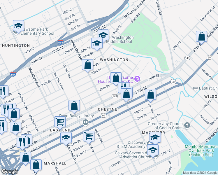 map of restaurants, bars, coffee shops, grocery stores, and more near 1140 30th Street in Newport News