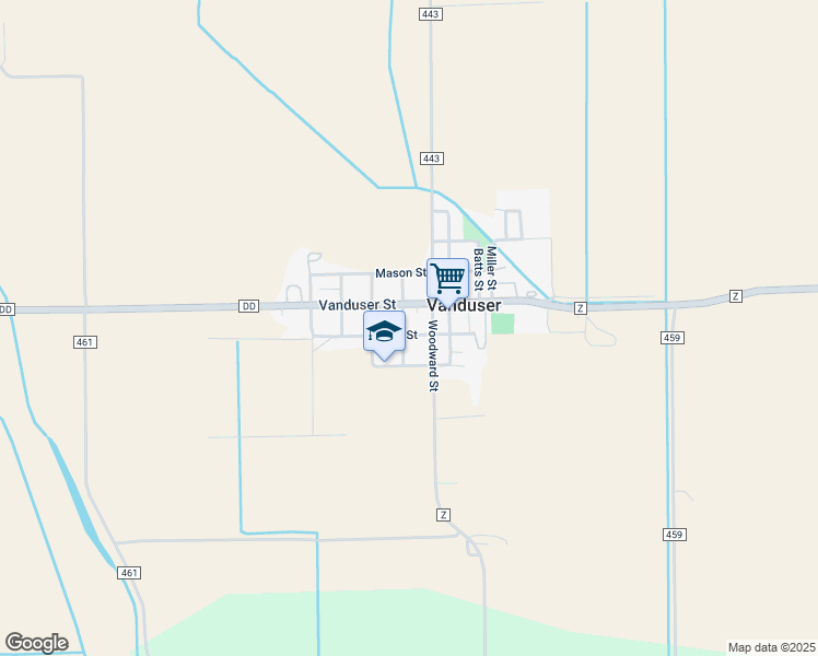 map of restaurants, bars, coffee shops, grocery stores, and more near 401 Bryan Street in Vanduser