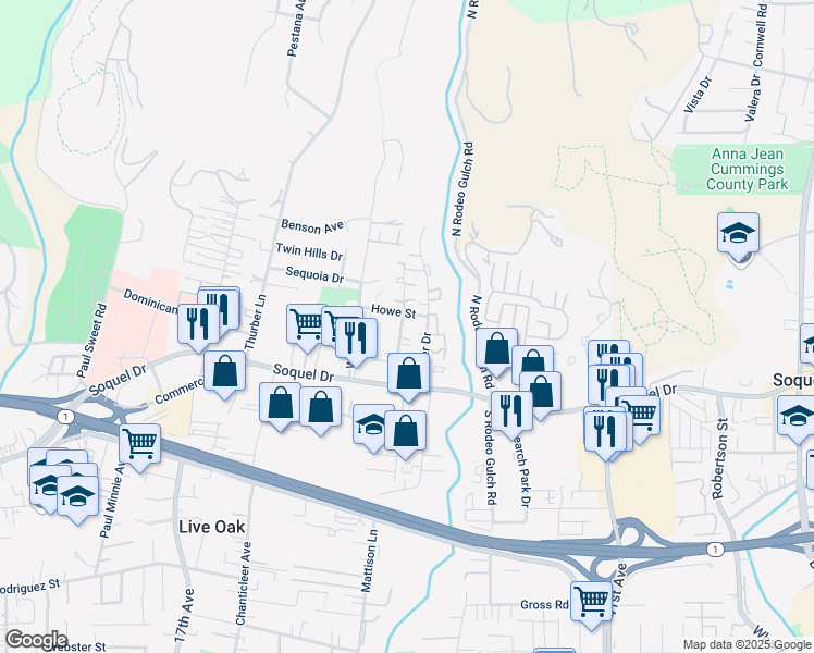 map of restaurants, bars, coffee shops, grocery stores, and more near 2652 Howe Street in Santa Cruz