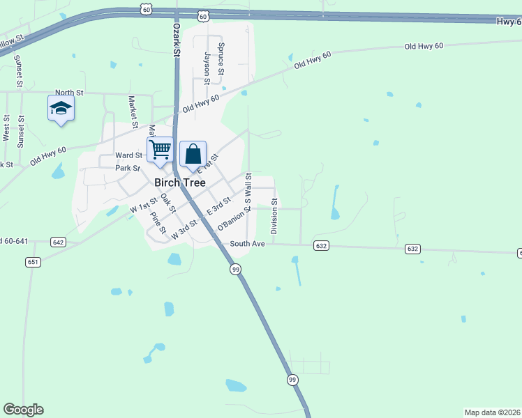 map of restaurants, bars, coffee shops, grocery stores, and more near O'Banion Street in Birch Tree