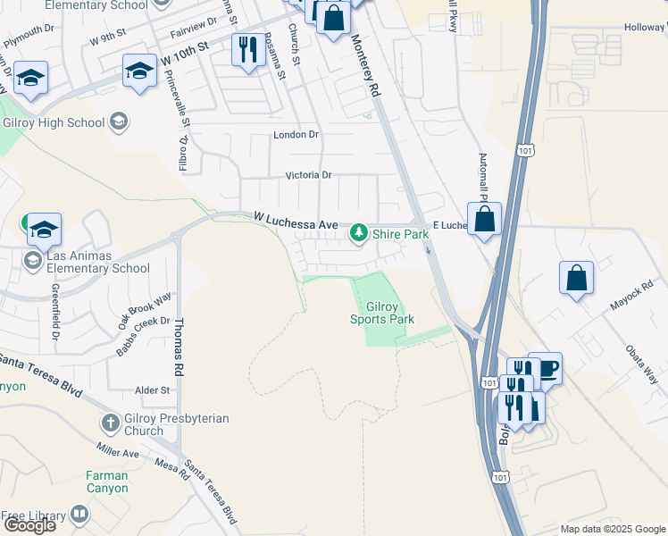 map of restaurants, bars, coffee shops, grocery stores, and more near 74 Caspian Way in Gilroy