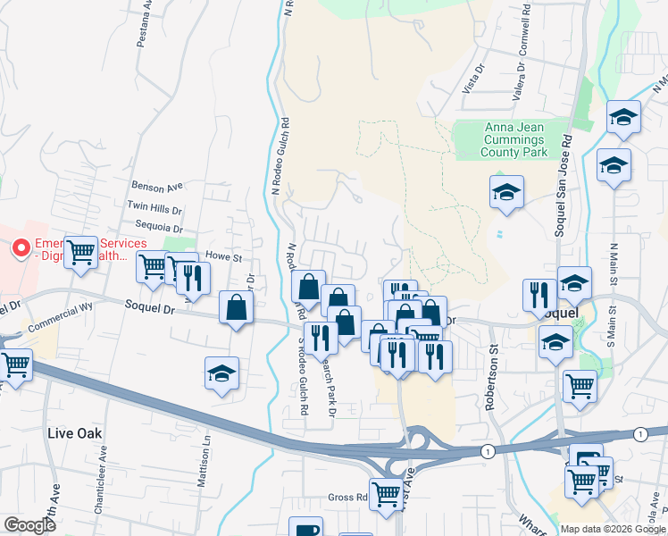 map of restaurants, bars, coffee shops, grocery stores, and more near 100 North Rodeo Gulch Road in Soquel