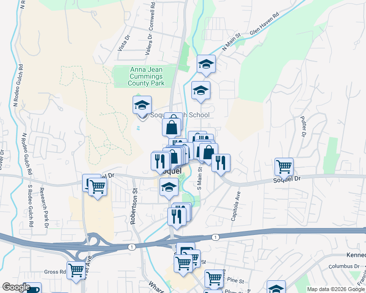 map of restaurants, bars, coffee shops, grocery stores, and more near 3060 Porter Street in Soquel