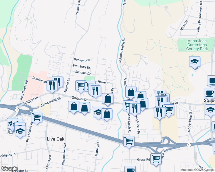map of restaurants, bars, coffee shops, grocery stores, and more near 2652 Howe Street in Santa Cruz
