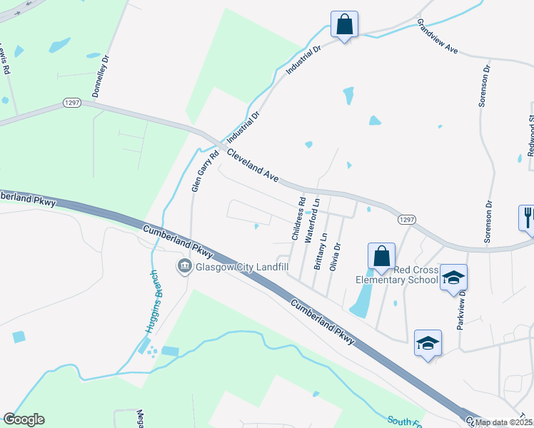 map of restaurants, bars, coffee shops, grocery stores, and more near 109 Village Circle in Glasgow
