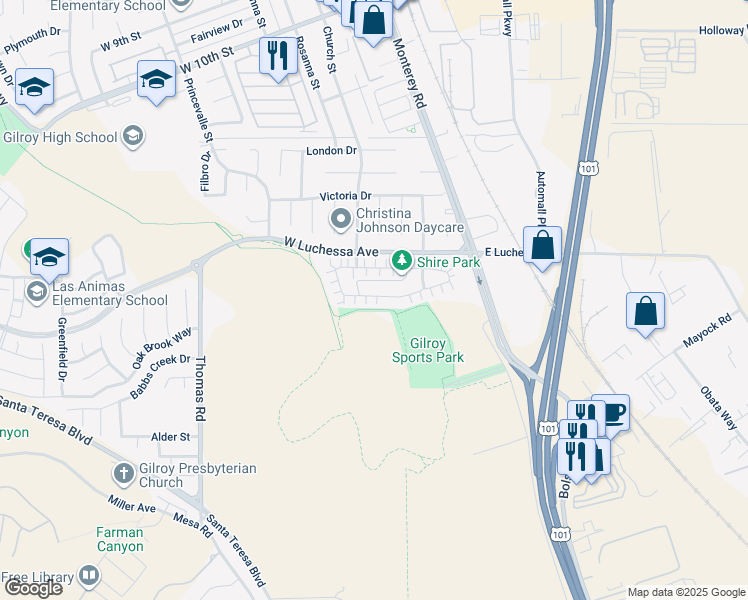 map of restaurants, bars, coffee shops, grocery stores, and more near 74 Caspian Way in Gilroy