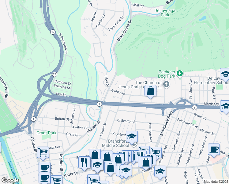 map of restaurants, bars, coffee shops, grocery stores, and more near 126 Goss Avenue in Santa Cruz