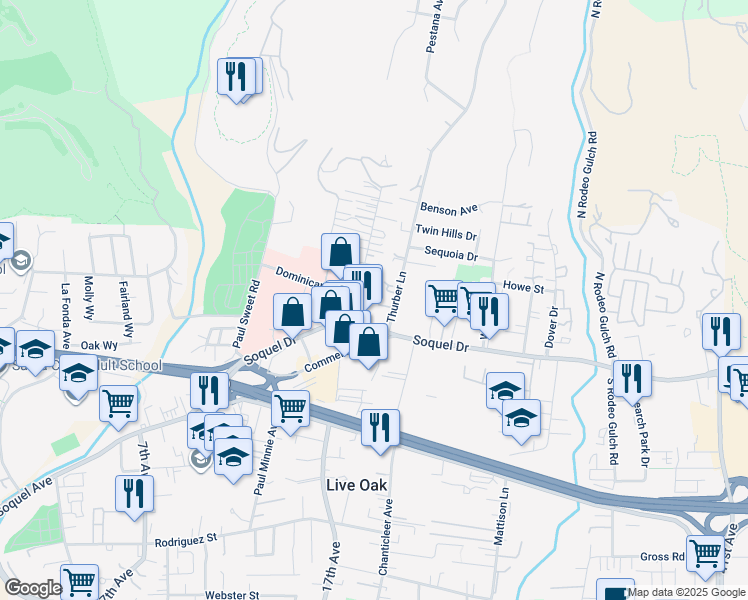 map of restaurants, bars, coffee shops, grocery stores, and more near 3164 Mission Drive in Santa Cruz