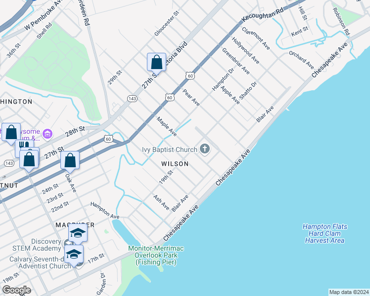 map of restaurants, bars, coffee shops, grocery stores, and more near 111 Maple Avenue in Newport News