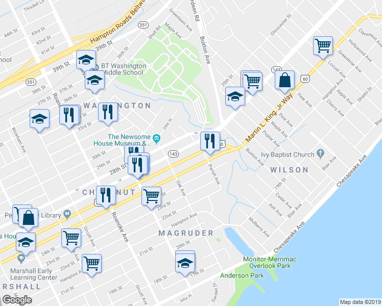 map of restaurants, bars, coffee shops, grocery stores, and more near 1343 26th Street in Newport News