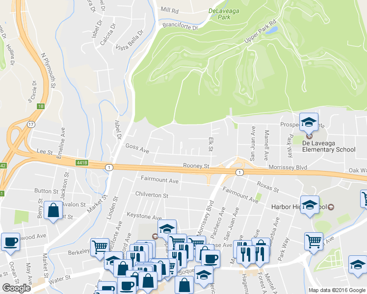 map of restaurants, bars, coffee shops, grocery stores, and more near 104 Goss Ct in Santa Cruz
