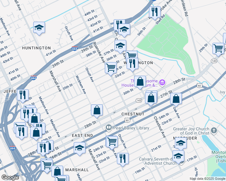 map of restaurants, bars, coffee shops, grocery stores, and more near 1045 31st Street in Newport News