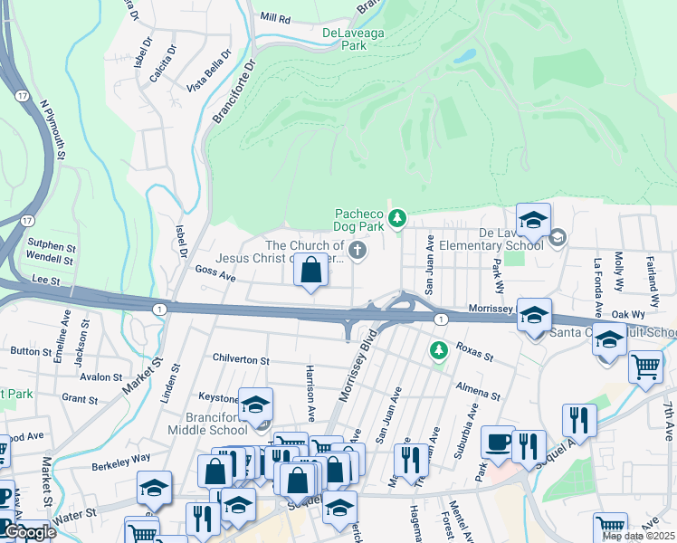 map of restaurants, bars, coffee shops, grocery stores, and more near 216 Miller Court in Santa Cruz
