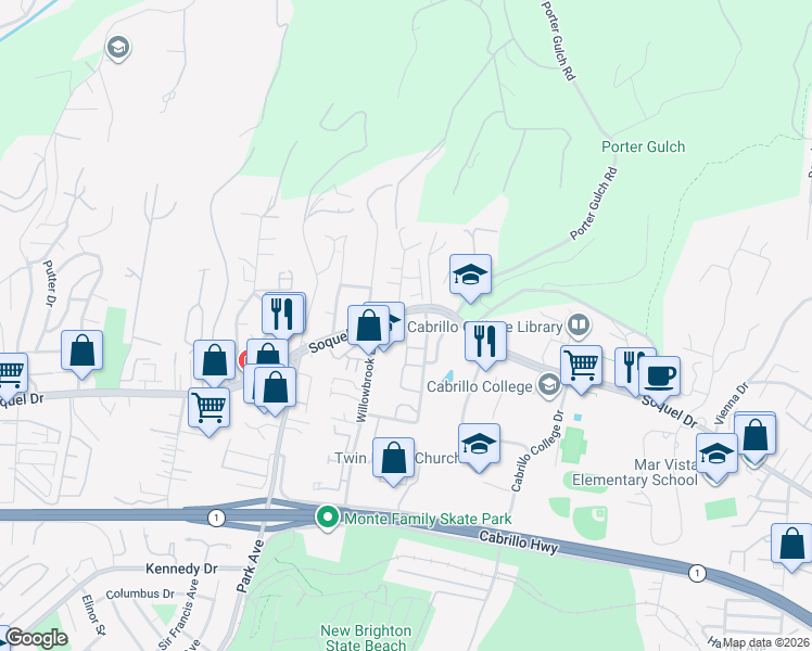 map of restaurants, bars, coffee shops, grocery stores, and more near 3069 Arlington Drive in Aptos