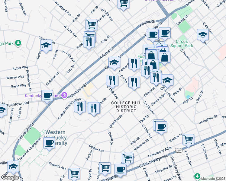 map of restaurants, bars, coffee shops, grocery stores, and more near 1265 College Street in Bowling Green