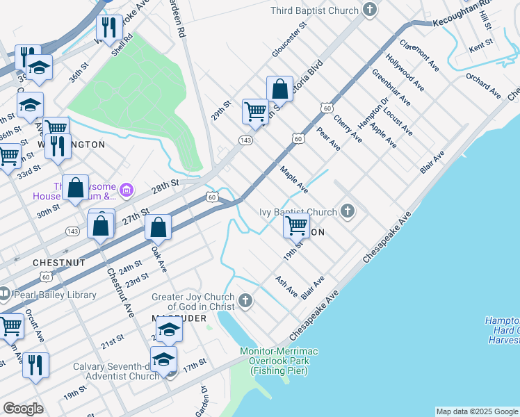 map of restaurants, bars, coffee shops, grocery stores, and more near 222 Buxton Avenue in Newport News