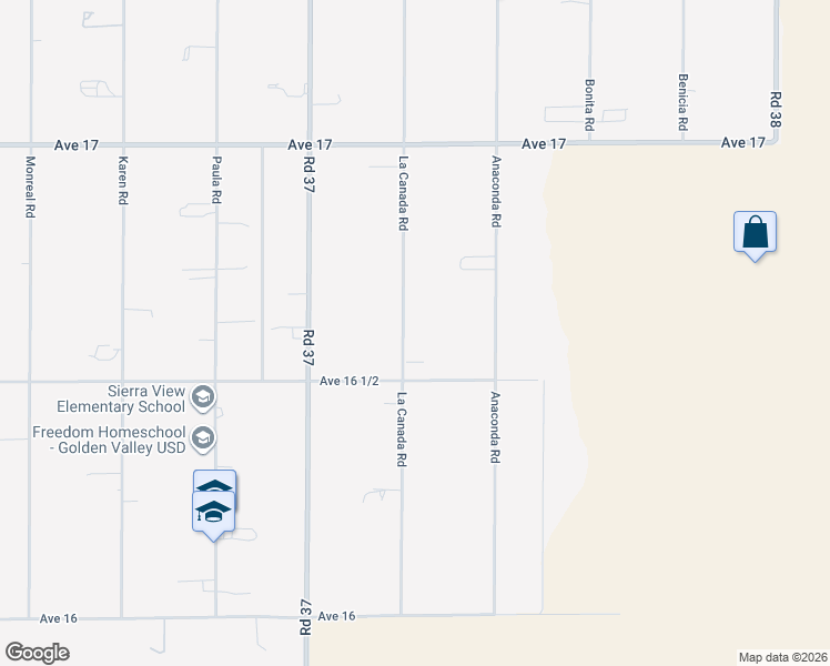 map of restaurants, bars, coffee shops, grocery stores, and more near 16601 La Canada Road in Madera