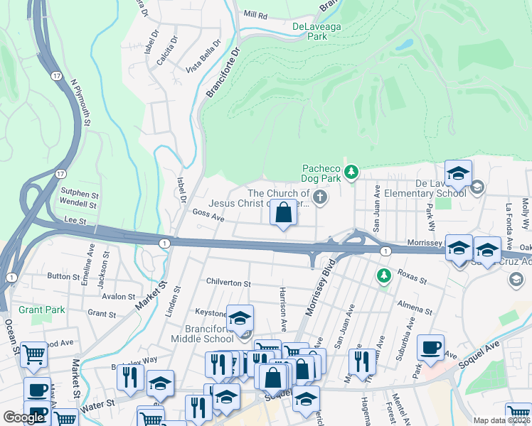 map of restaurants, bars, coffee shops, grocery stores, and more near 104 Goss Court in Santa Cruz