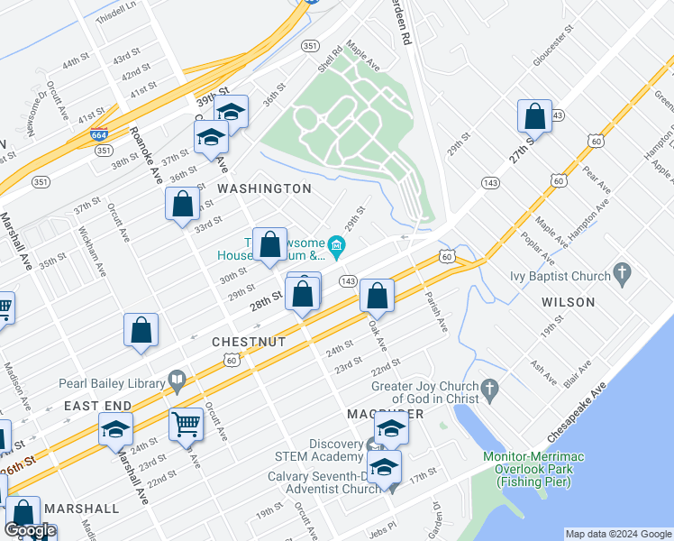 map of restaurants, bars, coffee shops, grocery stores, and more near 1252 28th Street in Newport News