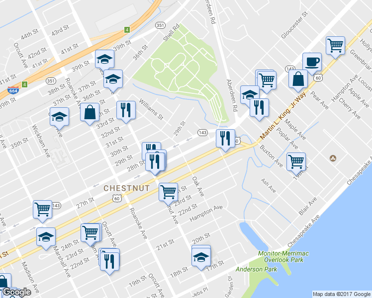 map of restaurants, bars, coffee shops, grocery stores, and more near 1307 27th Street in Newport News