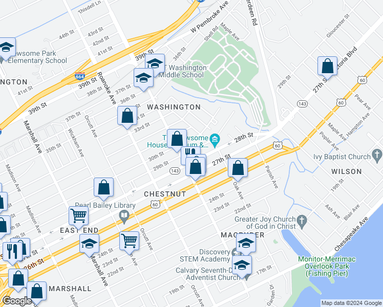 map of restaurants, bars, coffee shops, grocery stores, and more near 1220 29th Street in Newport News
