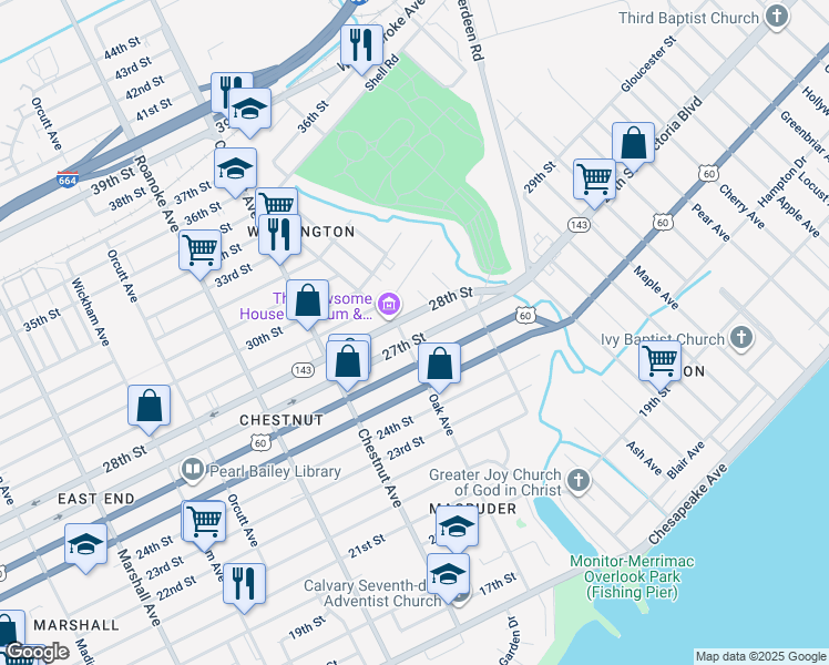 map of restaurants, bars, coffee shops, grocery stores, and more near 1307 27th Street in Newport News