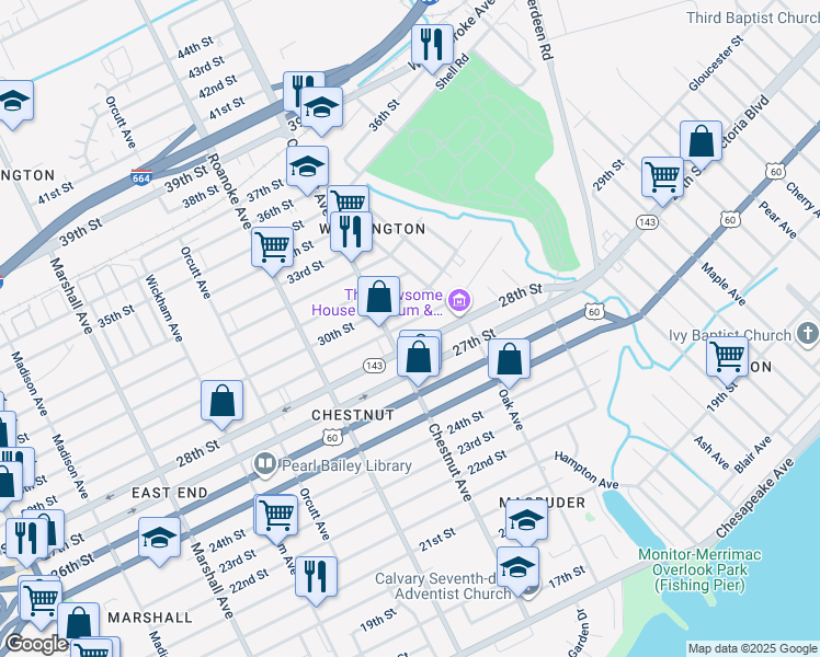 map of restaurants, bars, coffee shops, grocery stores, and more near 1220 29th Street in Newport News