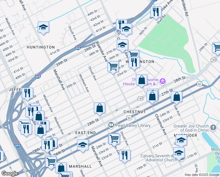 map of restaurants, bars, coffee shops, grocery stores, and more near 1028 32nd Street in Newport News