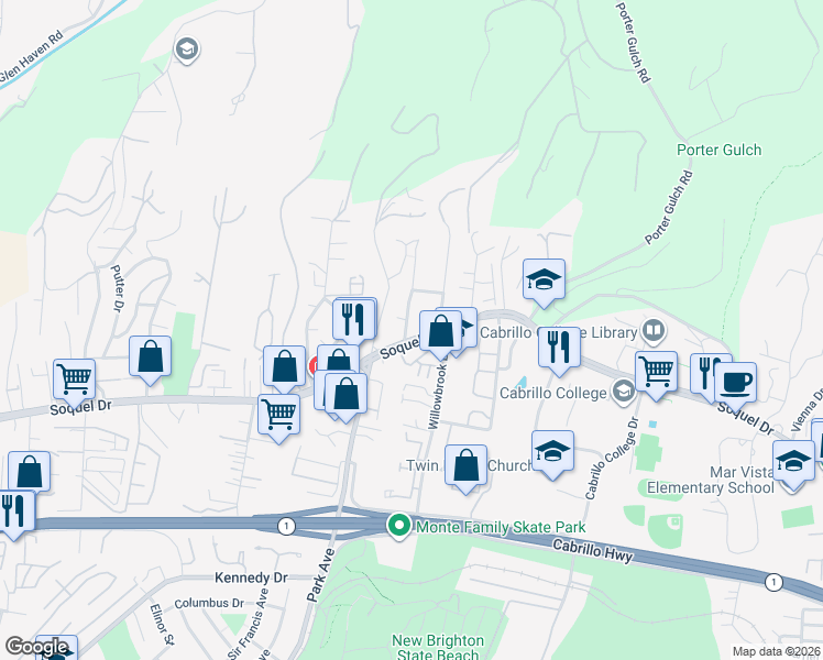 map of restaurants, bars, coffee shops, grocery stores, and more near 3002 McGlenn Drive in Aptos