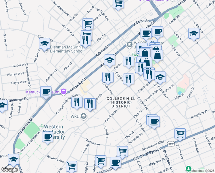 map of restaurants, bars, coffee shops, grocery stores, and more near 1265 College Street in Bowling Green