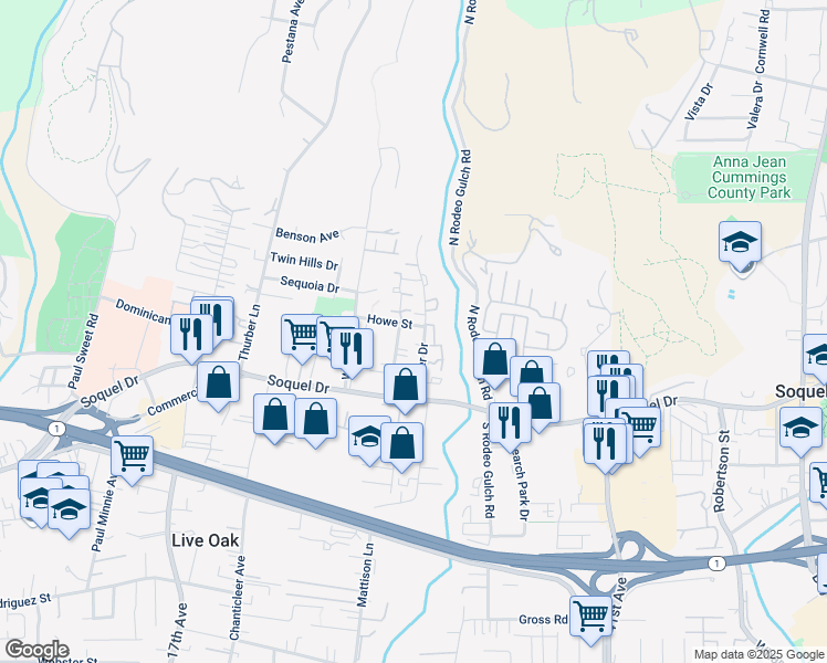 map of restaurants, bars, coffee shops, grocery stores, and more near 2652 Howe Street in Santa Cruz