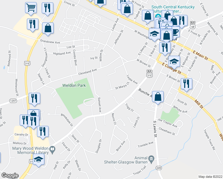 map of restaurants, bars, coffee shops, grocery stores, and more near 199 Saint Marys Court in Glasgow