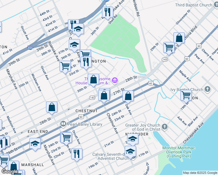 map of restaurants, bars, coffee shops, grocery stores, and more near 1243 28th Street in Newport News