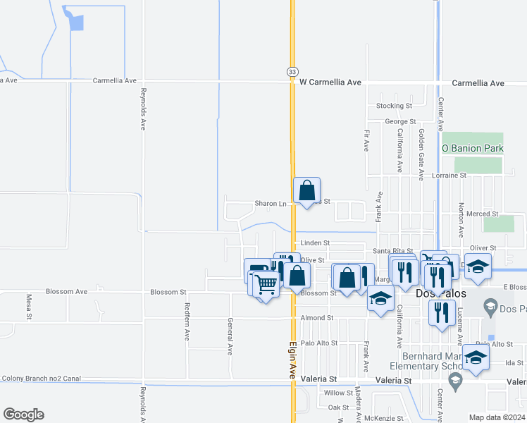 map of restaurants, bars, coffee shops, grocery stores, and more near 1144 Shirley Court in Dos Palos
